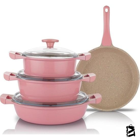 Schafer Grau 7 Parça Döküm Tencere Seti Grau-Pembe