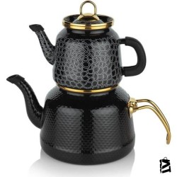 Schafer Glaze 4 Parça Alt Üst Emaye Çaydanlık Takımı Siyah