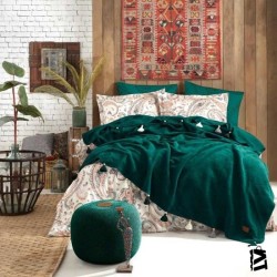 İyi Geceler İstanbul Boho Chic Çift Kişilik Püsküllü Battaniyeli Nevresim Seti - Zümrüt Yeşil